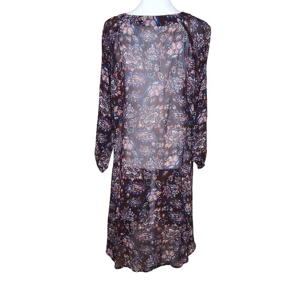 Garnet Hill Sheer Silk Dress Split Neck 3/4 Sleeve Brown Floral Women's Size 6 - Picture 5 of 11